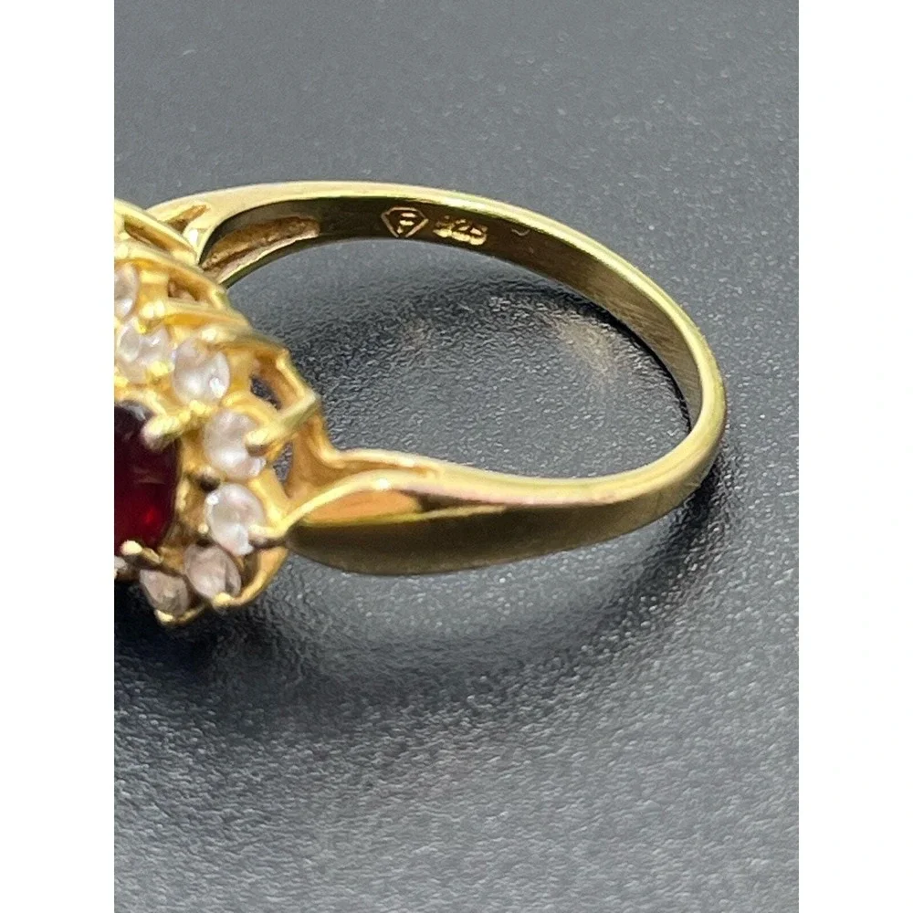 F Finecraft Vintage Vermeil Sterling  Oval Garnet Trilogy Halo CZ  Ring 9.25